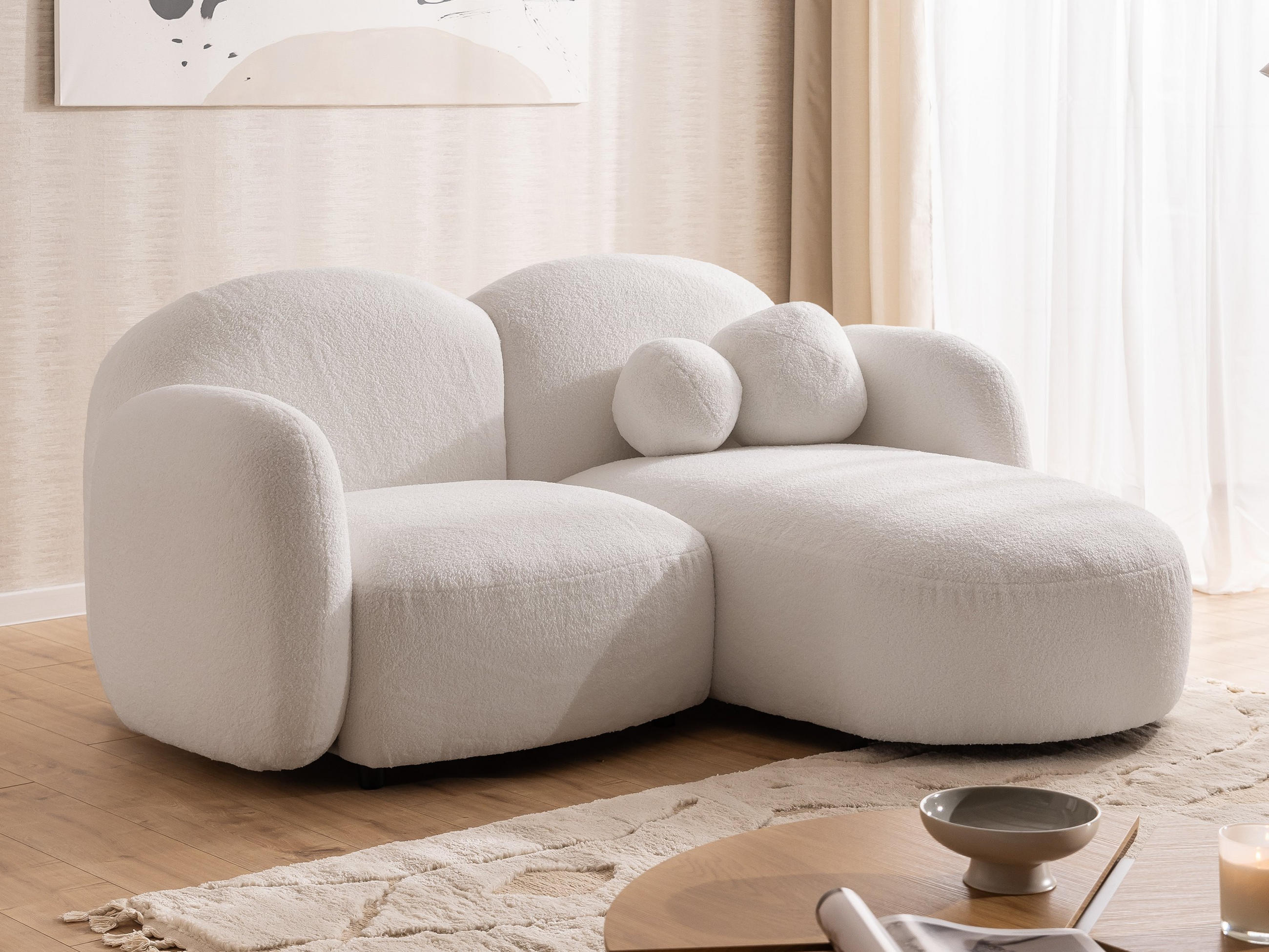 ECKSOFA Nuvola mit abgerundetem Design Weiß Bouclé-Stoff - Ottomane Rechts - Schwarz/Weiß, Holz/Kunststoff (190/146cm) - S-Style Möbel