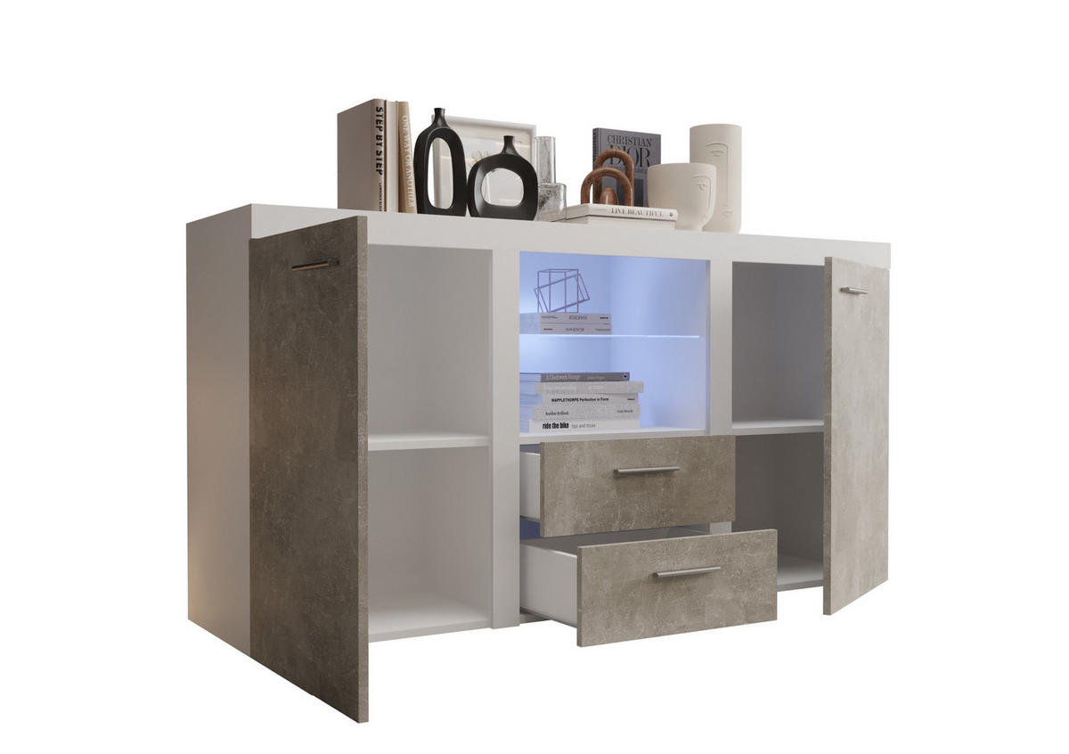 KOMMODE London LRK mit 2 Türen, Sideboard in Farbe: Weiß|Grau, Größe: 156 x 82 x 40 cm - Weiß/Grau, Holzwerkstoff (156/82/40cm) - O-Sofa