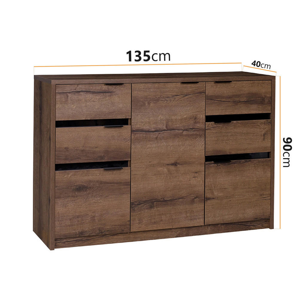 Thumbnail - Ravio Sideboard, Braun, Schwarz Hochglanz, Metall, 4 Schubladen, Rechteckig,Rechteckig, 135x90x40 cm, Wohnzimmer, Kommod...