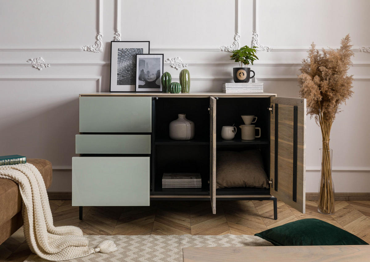 KOMMODE Akazie 134x45x85 grau-weiß geölt CHICAGO #07 - Braun, Holz (134/85/46cm) - Massivmoebel24