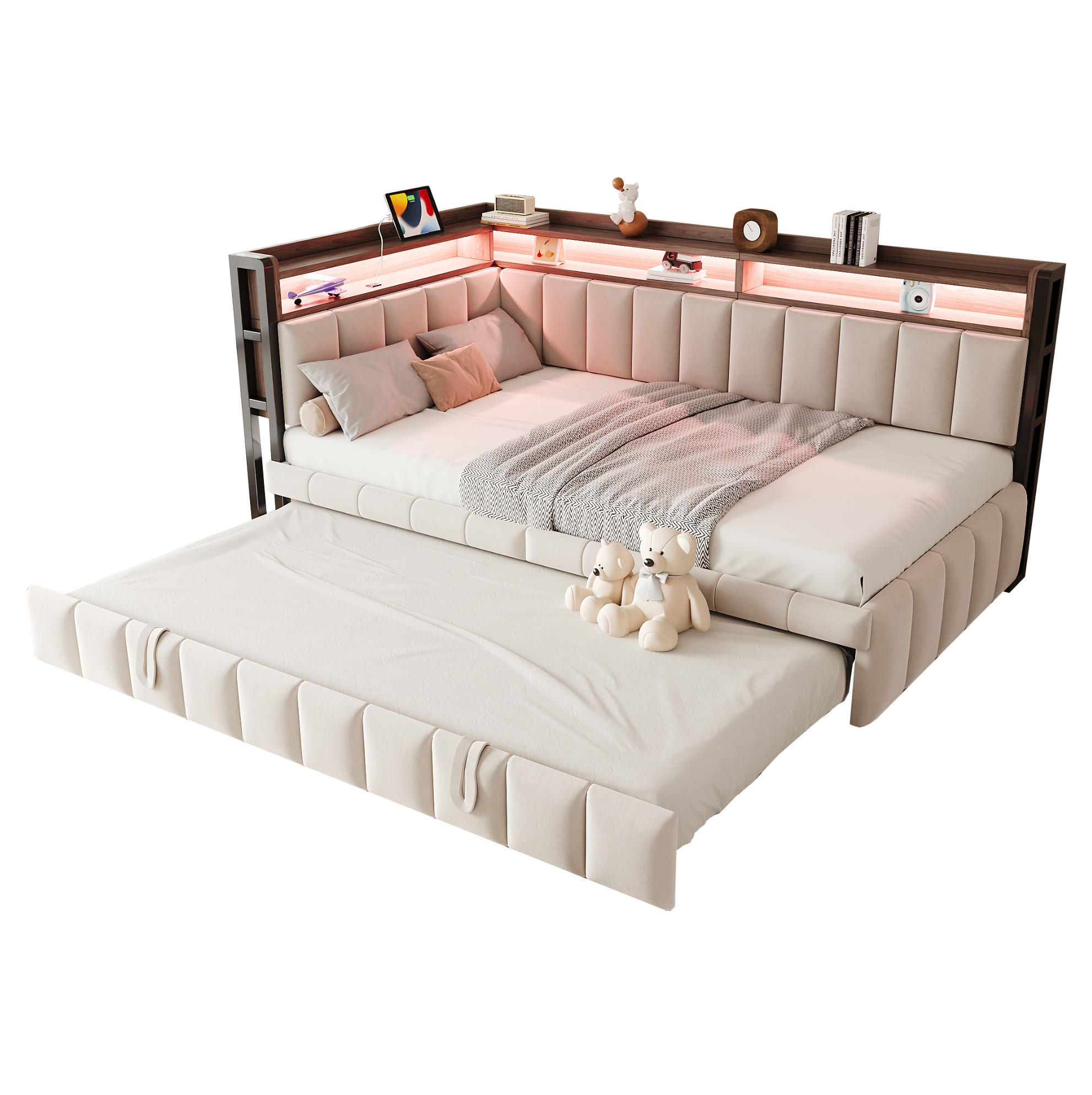 BETT mit Ausziehbett 90/200cm und LED-Beleuchtung in Beige Samt - Beige, Textil (90/200cm) - OKWISH
