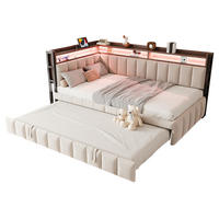 BETT mit Ausziehbett 90/200cm und LED-Beleuchtung in Beige Samt - Beige, Textil (90/200cm) - OKWISH