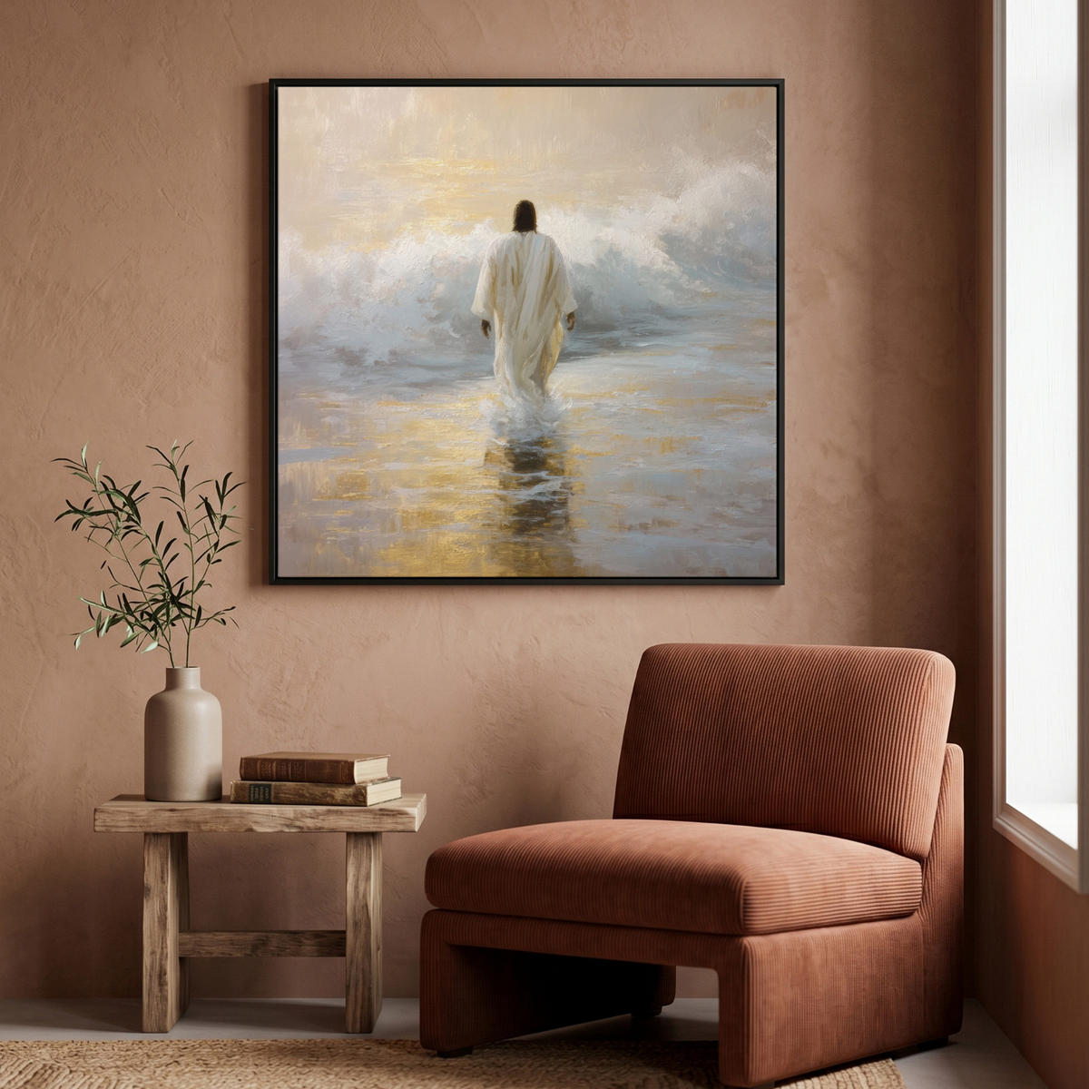 LEINWAND Bilder mit Rahmen - Gemälde - Welle - Jesus - Abstrakt - 90x90 - Goldfarben, Textil (90/90cm) - MuchoWow