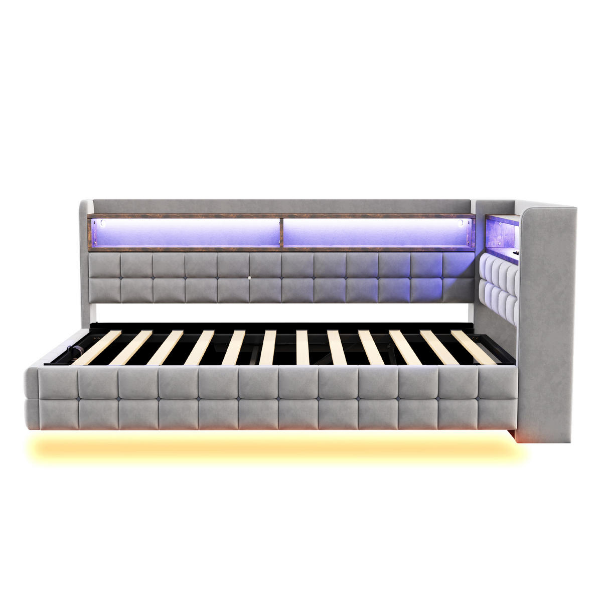 ČALOUNĚNÁ postel 90/200 cm s hydraulickým úložným prostorem, LED osvětlením, USB, Type-C a policemi, Světle šedá - světle šedá, textil (90/200cm) - Redom