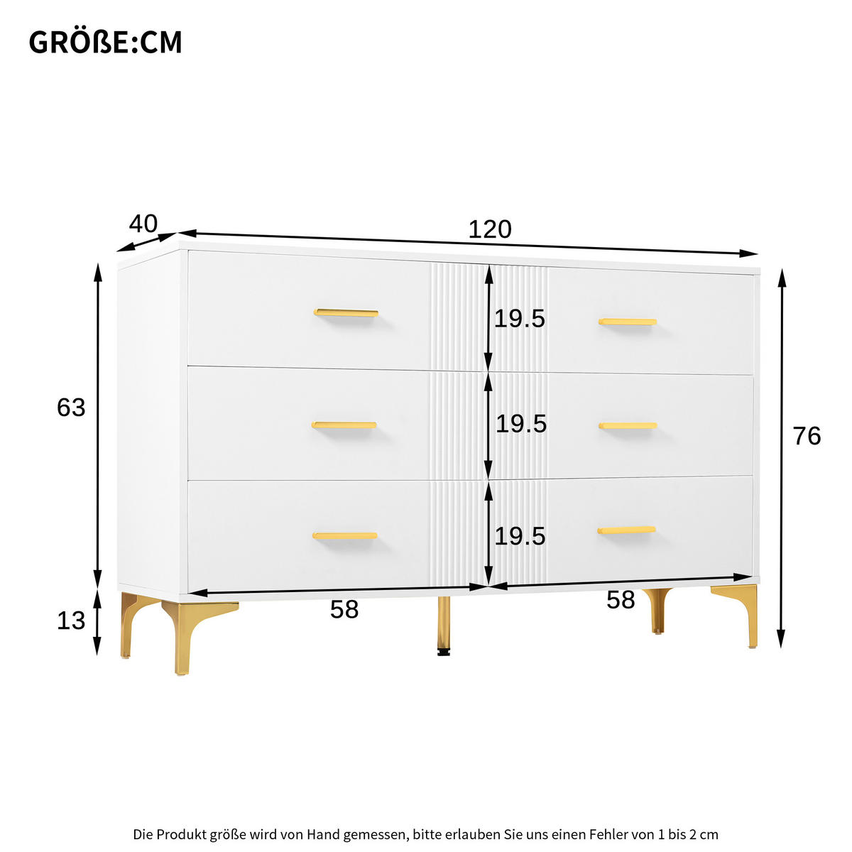 SIDEBOARD in Weiß Kommode mit 6 Schubladen, mit viel Stauraum, für Wohnzimmer & Schlafzimmer, B120/T40/H76cm - Goldfarben/Weiß, Holzwerkstoff/Metall (120/76/40cm) - STILVORA