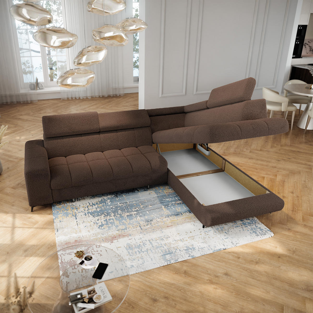 ECKSOFA MORIVA Q R-S Braun Boucle-Stoff mit Schlaffunktion - Braun, Holzwerkstoff/Textil (253/190cm) - MASSENO