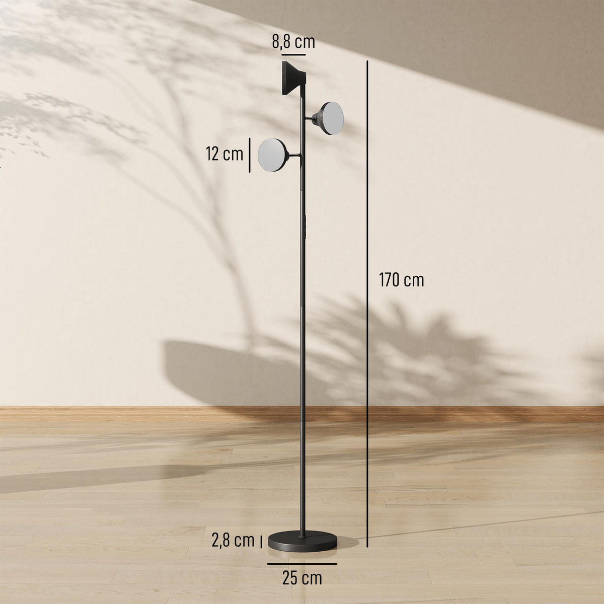 STEHLAMPE Dimmbar mit Leselampe, Stehleuchte Farbwechsel - Schwarz, Metall (25/25/170cm) - HOMCOM
