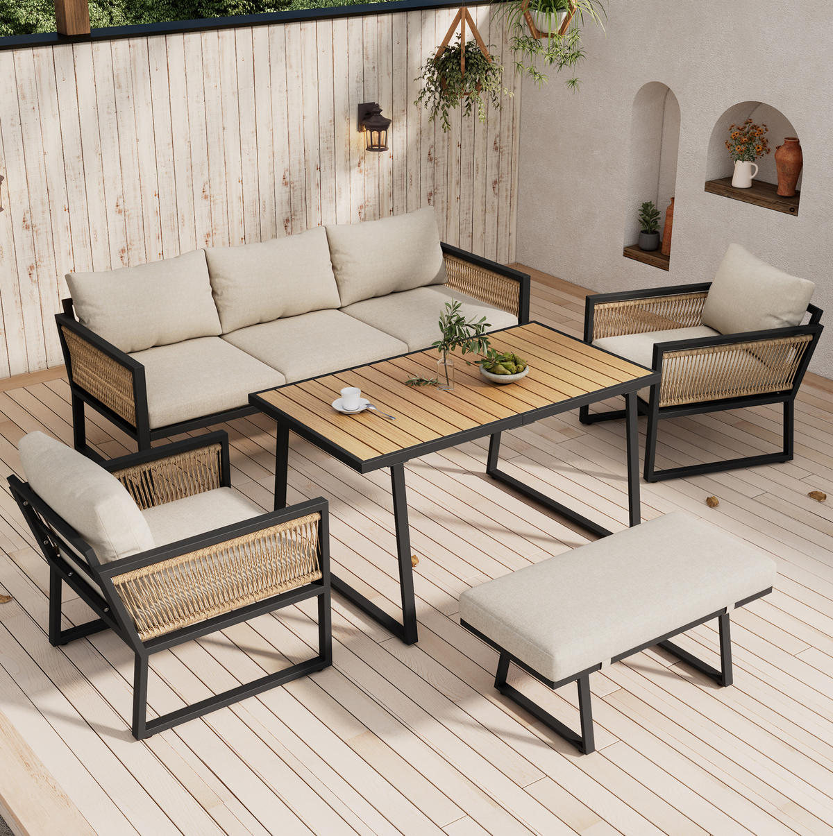 GARTENSET 5-tlg. 187x67x63cm beige aus Stahl und Seil, wasserdicht - Beige, Textil - Modfu