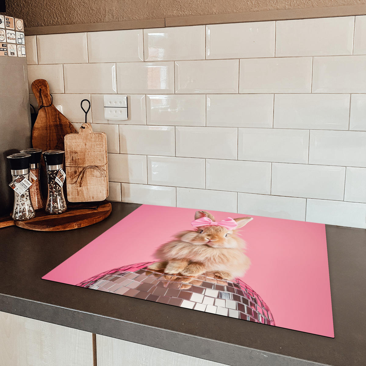 HERDABDECKPLATTE Schleife - Discoball - Kaninchen Herdabdeckung Induktionsfeld 65x52 cm - Pink, Kunststoff (65/52/0.2cm) - MuchoWow