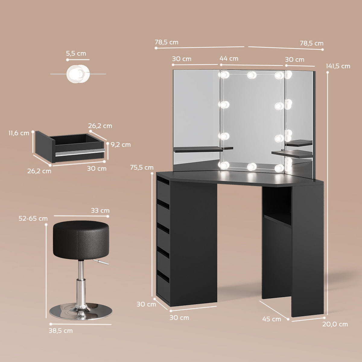 ECKSCHMINKTISCH Enna Schwarz 110 cm mit LED Beleuchtung und Hocker - Schwarz, Holzwerkstoff (110/141.5/54cm) - Livinity®