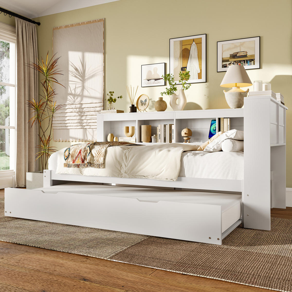 TAGEBETT 90x200cm Weiß Spanplatte Ausziehbett Steckdose USB - Weiß, Holz (90/200cm) - FLIEKS