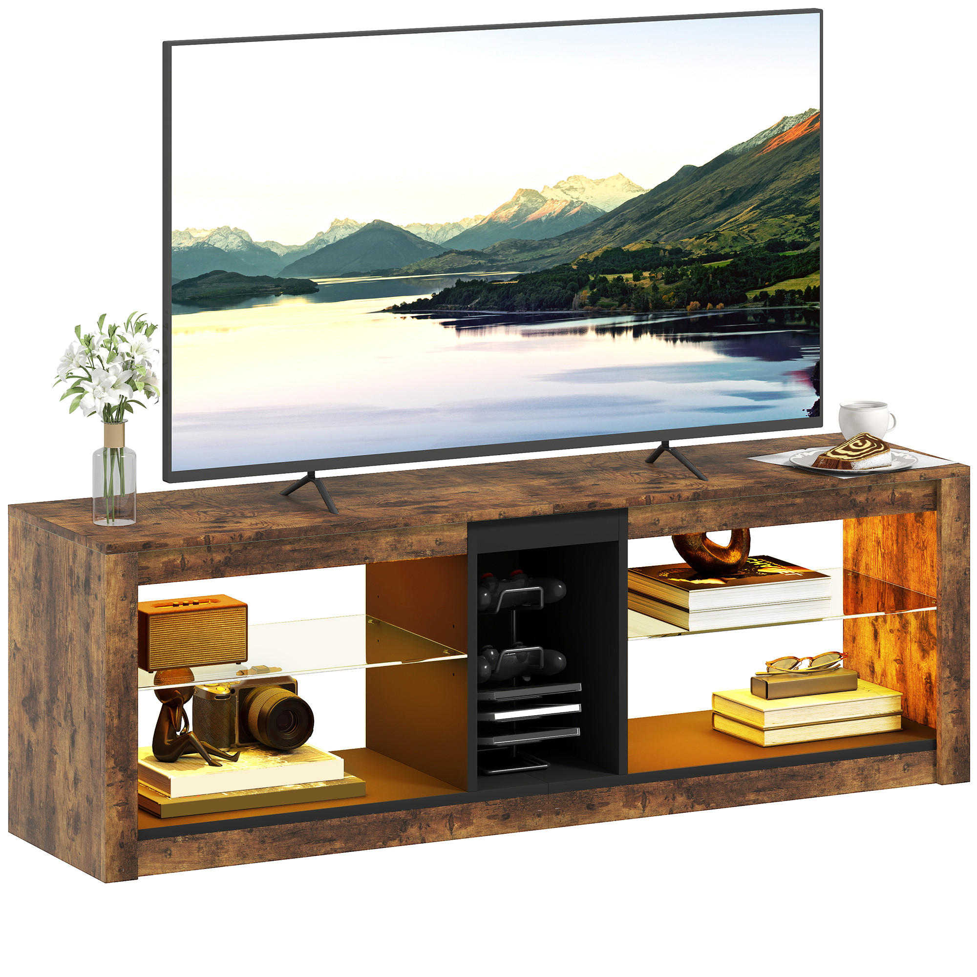 TV-LOWBOARD Braun 140/35/47 cm, LED-Beleuchtung, Glasböden - Braun, Holzwerkstoff (140/47/35cm) - PANGIVO