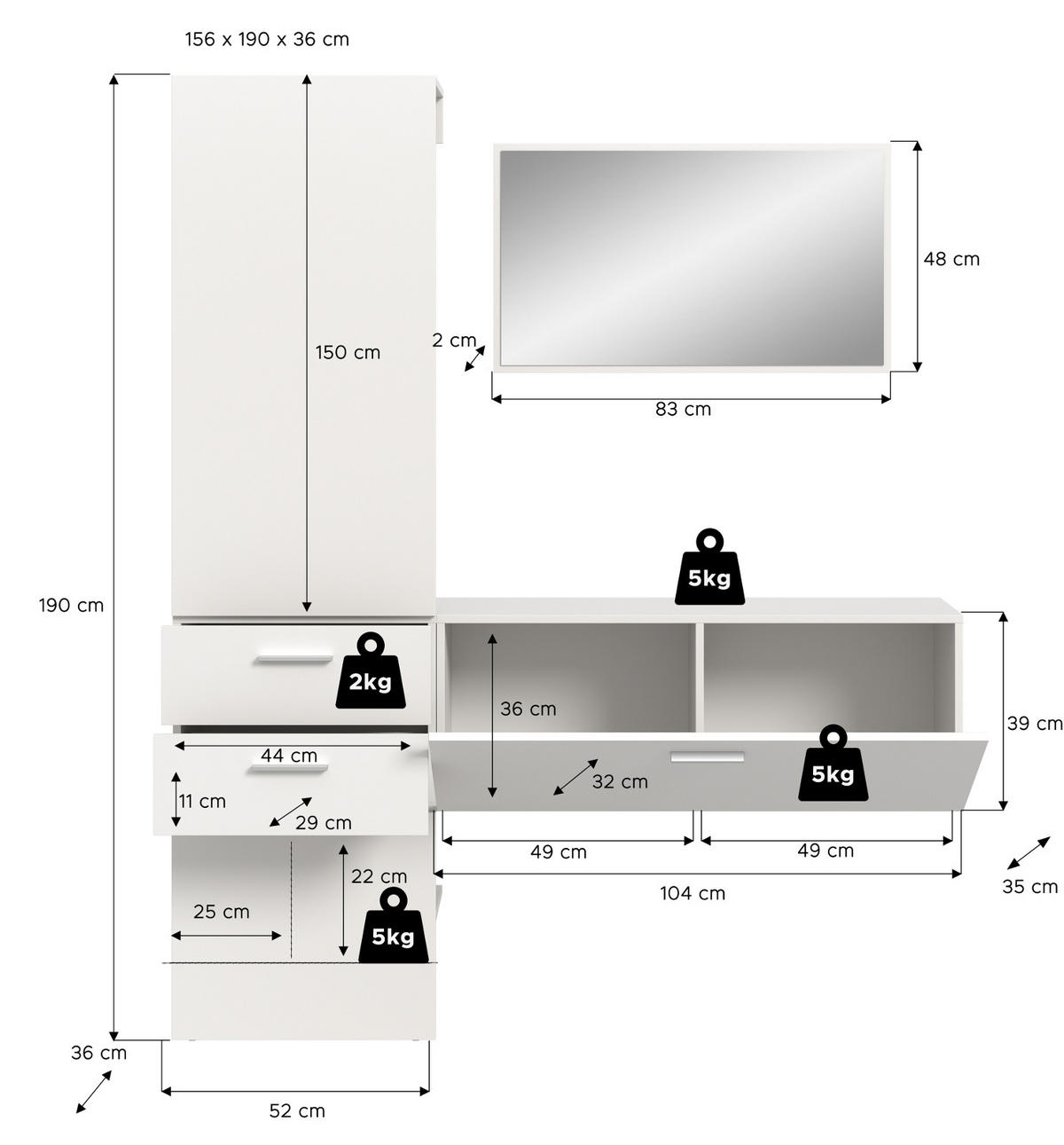 GARDEROBE Set 3-teilig weiß 156 cm, Komplettset mit Spiegel - Silberfarben/Weiß, Glas/Holzwerkstoff (52/190/36cm) - Inn.Furn