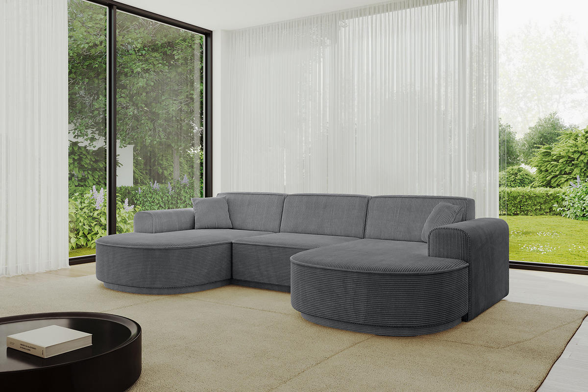 WOHNLANDSCHAFT MARI-U1 - 295x163x81 cm Dunkelgrau Cord - Dunkelgrau/Schwarz, Holzwerkstoff/Kunststoff (295/81/163cm) - ALTDECOR