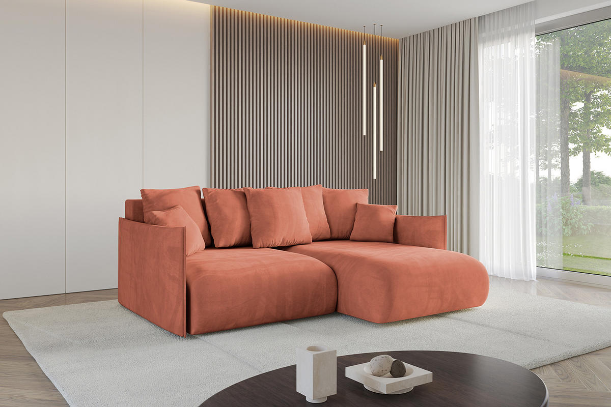 ECKSOFA Ottomane rechts ONESK-L 216x177x72 Apricot Velours - Koralle, Holzwerkstoff/Kunststoff (177/216cm) - ALTDECOR