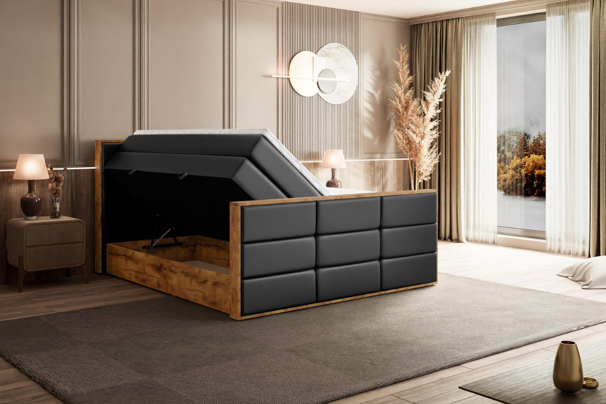 BOXSPRINGBETT mit Matratze H3|H4 und Lattenrost - LOLLI1-Z KING-120x200 - Schwarz Kunstleder - Schwarz, Holzwerkstoff (120/200cm) - ALTDECOR
