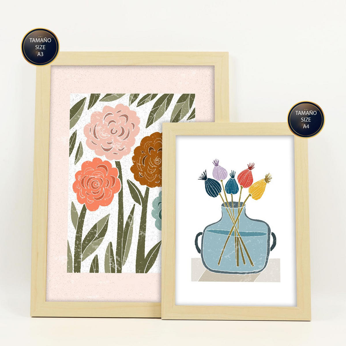 POSTER Set Mit 6 Drucken Blüten In Der Sammlung Ethnischer Style Drucke Dekorative Rahmen Für Zuhause Wandkunstdruck A3 & A4 Rahmen Aus Hellem Holz - Beige, Papier (29/3cm) - Nacnic