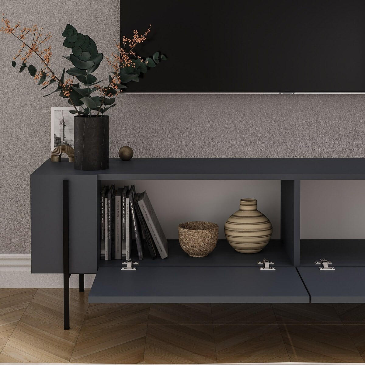 TV-MÖBEL mit 2 klappbaren Türen und Metallfüßen 31,4/160/45,6 cm - Anthrazit, Holzwerkstoff (31.4/45.6/160cm) - Calicosy
