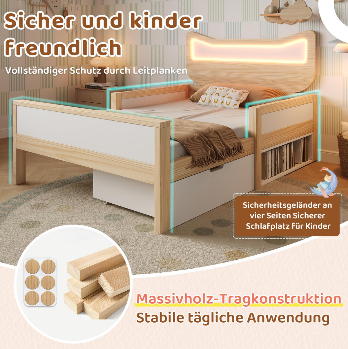 KINDERBETT 90/190 cm aus Holz mit Katzenkopfteil und RGB-LED Weiß/Eiche - Eichefarben, Holz (90/190cm) - Modenvie