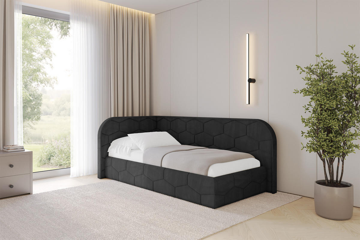 EINZELLBETT Jugendbett mit Bettkasten und Matratze H3/H4, Rechts - JAXY 90x200 Schwarz - Anthrazit, Holzwerkstoff/Textil (90/200cm) - ALTDECOR