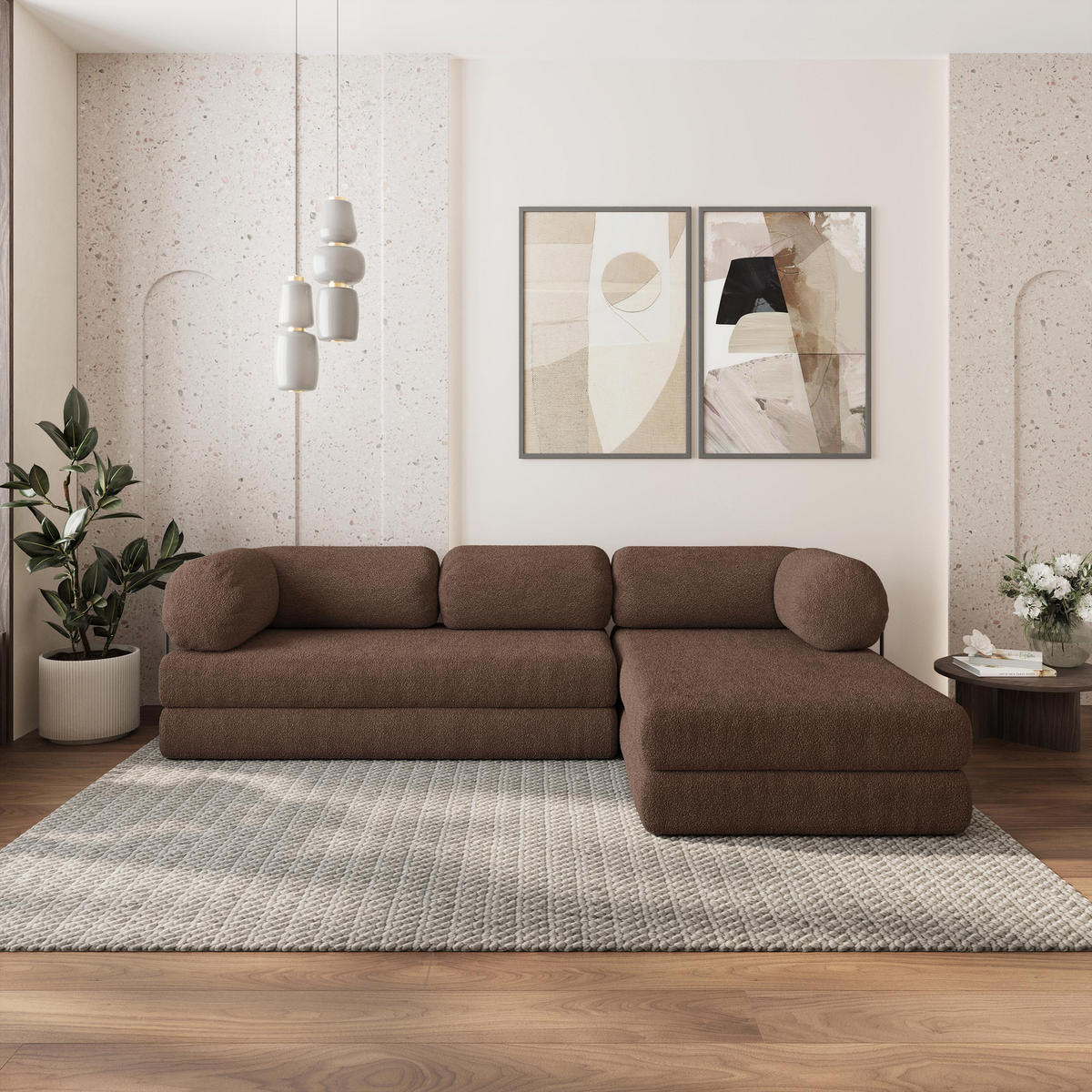 ROHOVÁ SEDAČKA KELI modulární Boneless pohovka s funkcí spaní, hnědá QUELLE 25 - hnědá, textil (270/160cm) - MASSENO