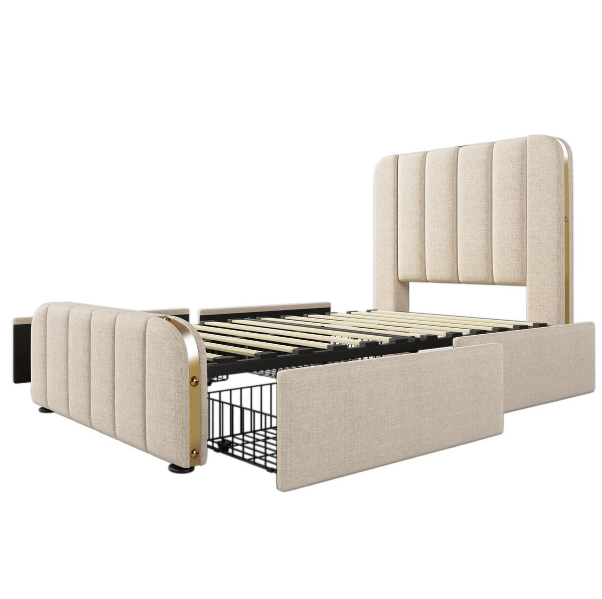 POLSTERBETT 90/200 cm Beige aus Leinen mit USB- und Typ-C-Ladefunktion - Beige, Textil (90/200cm) - OKMYHOME