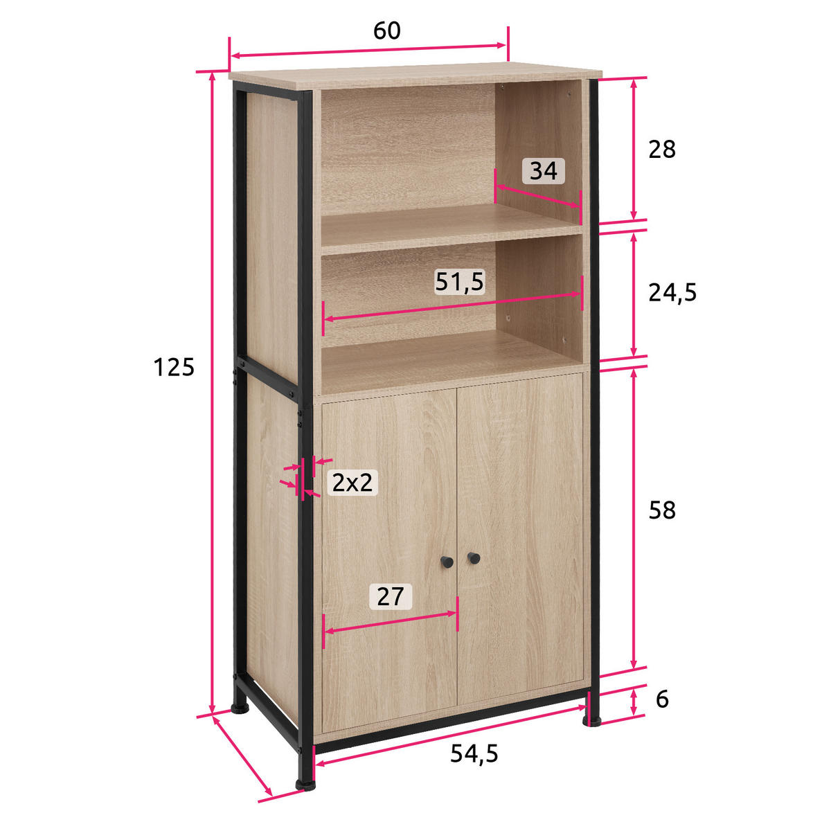 HIGHBOARD Doncaster,mit höhenverstellbaren Füßen, 60 x 38 x 125 cm,Industrial Holz hell, Eiche Sonoma - Naturfarben, Holzwerkstoff (38/125/60cm) - tectake