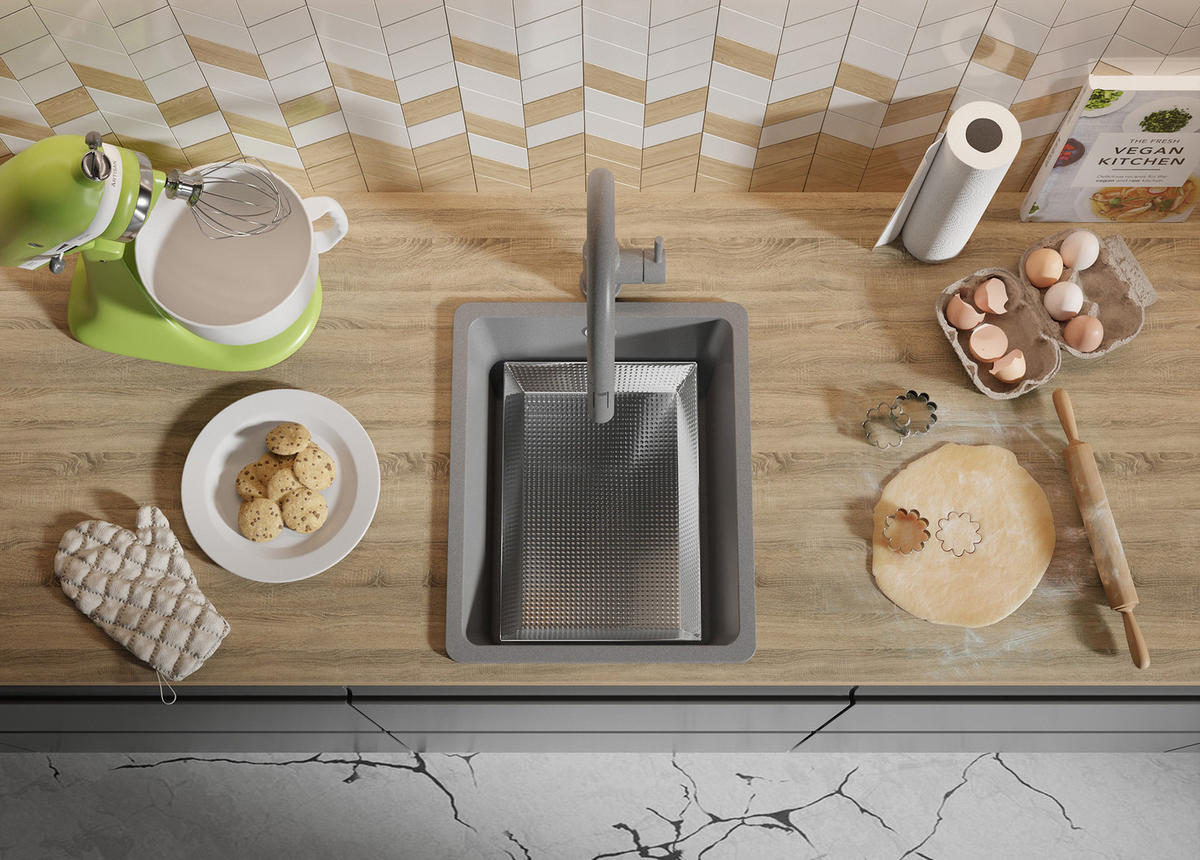 SPÜLBECKEN Venedig Slim Easy, 2-er set Grau 36/44 cm 1 Becken + Ablauf-Set ab 40er Unterschrank - Grau, Kunststoff (36/20/44cm) - Primagran