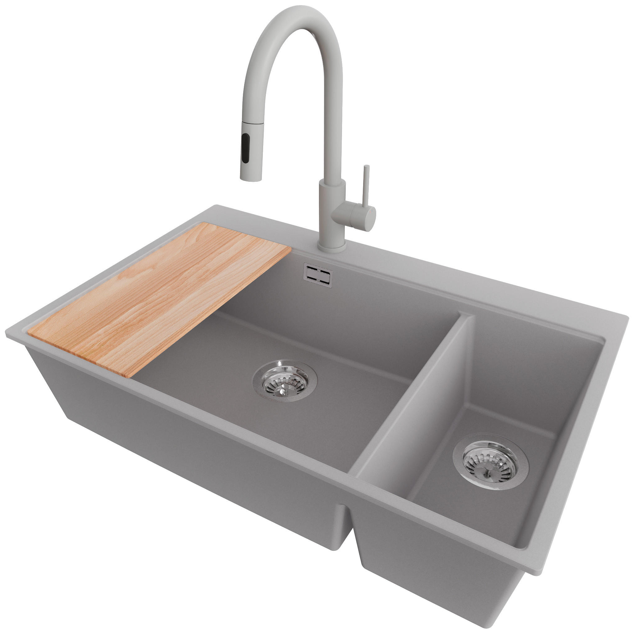 GRANITSPÜLE Oslo Duo, 2-er set Grau 78/50 cm 2 Becken + Küchenarmatur 40/20 cm + Ablauf-Set + Schneidebrett ab 80er Unterschrank - Chromfarben/Beige, Kunststoff (78/20/50cm) - Primagran