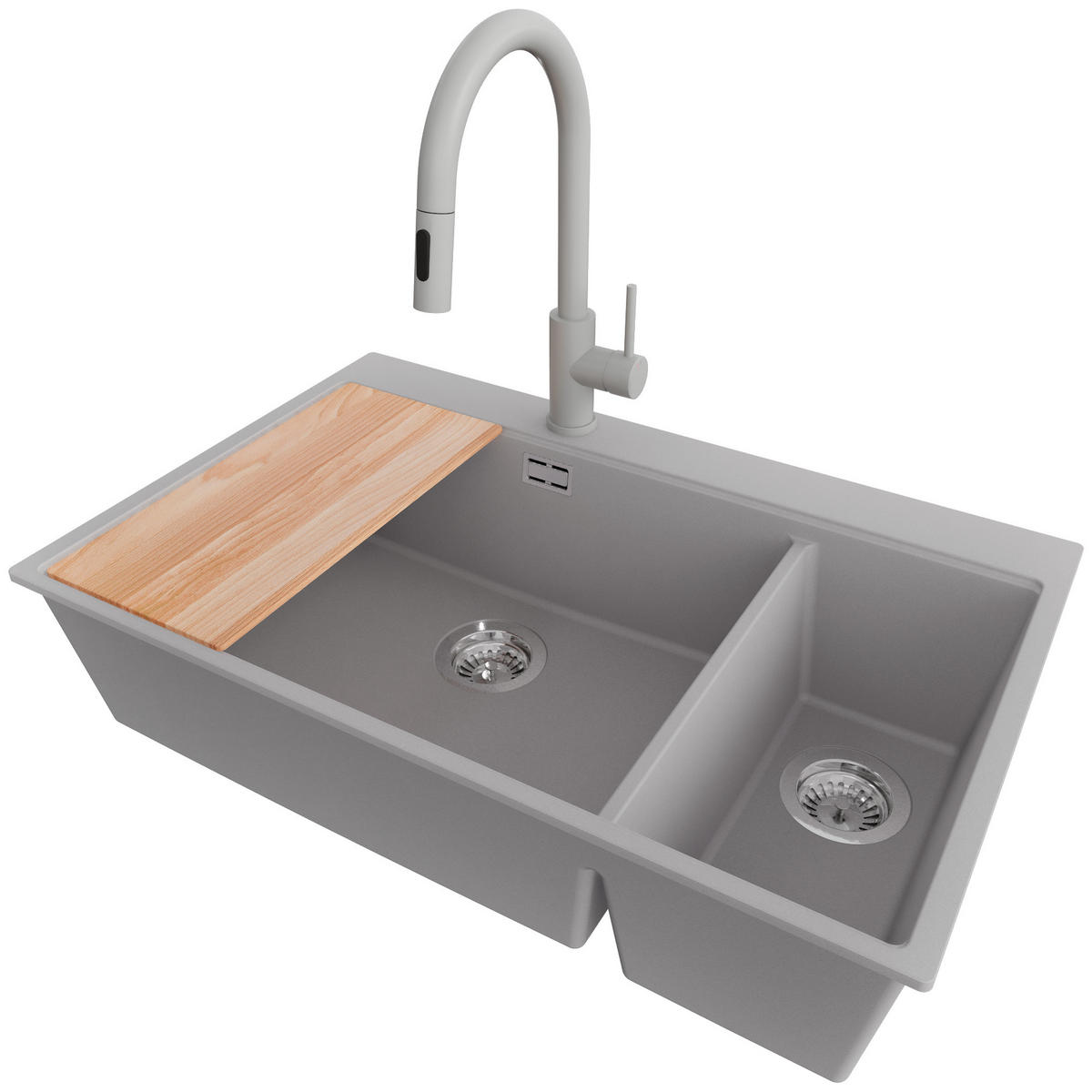 GRANITSPÜLE Oslo Duo, 2-er set Grau 78/50 cm 2 Becken + Küchenarmatur 40/20 cm + Ablauf-Set + Schneidebrett ab 80er Unterschrank - Chromfarben/Beige, Kunststoff (78/20/50cm) - Primagran