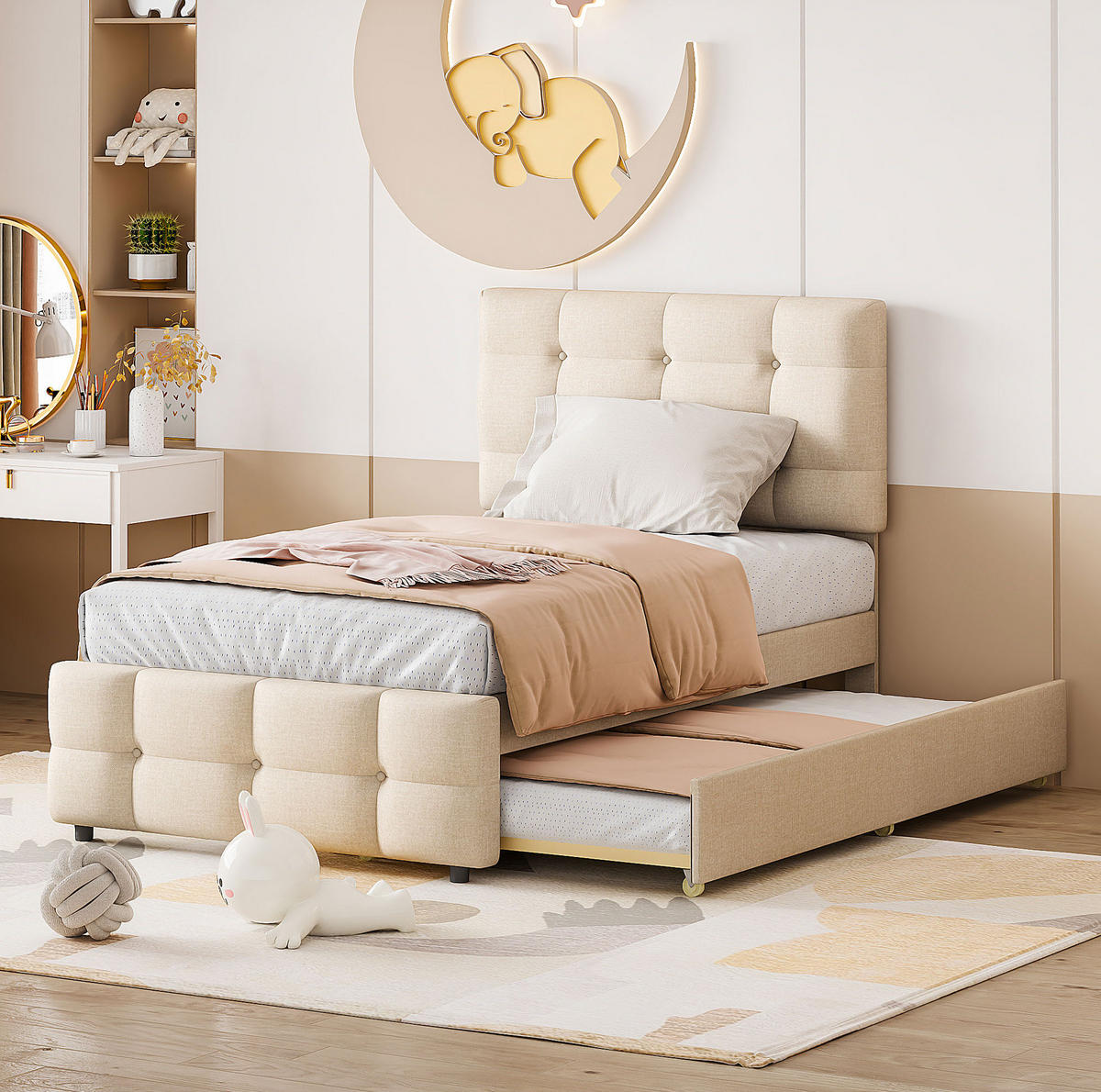 POLSTERBETT 90/200 cm Beige aus Leinenstoff mit Ausziehbett - Beige, Textil (90/200cm) - OKMYHOME