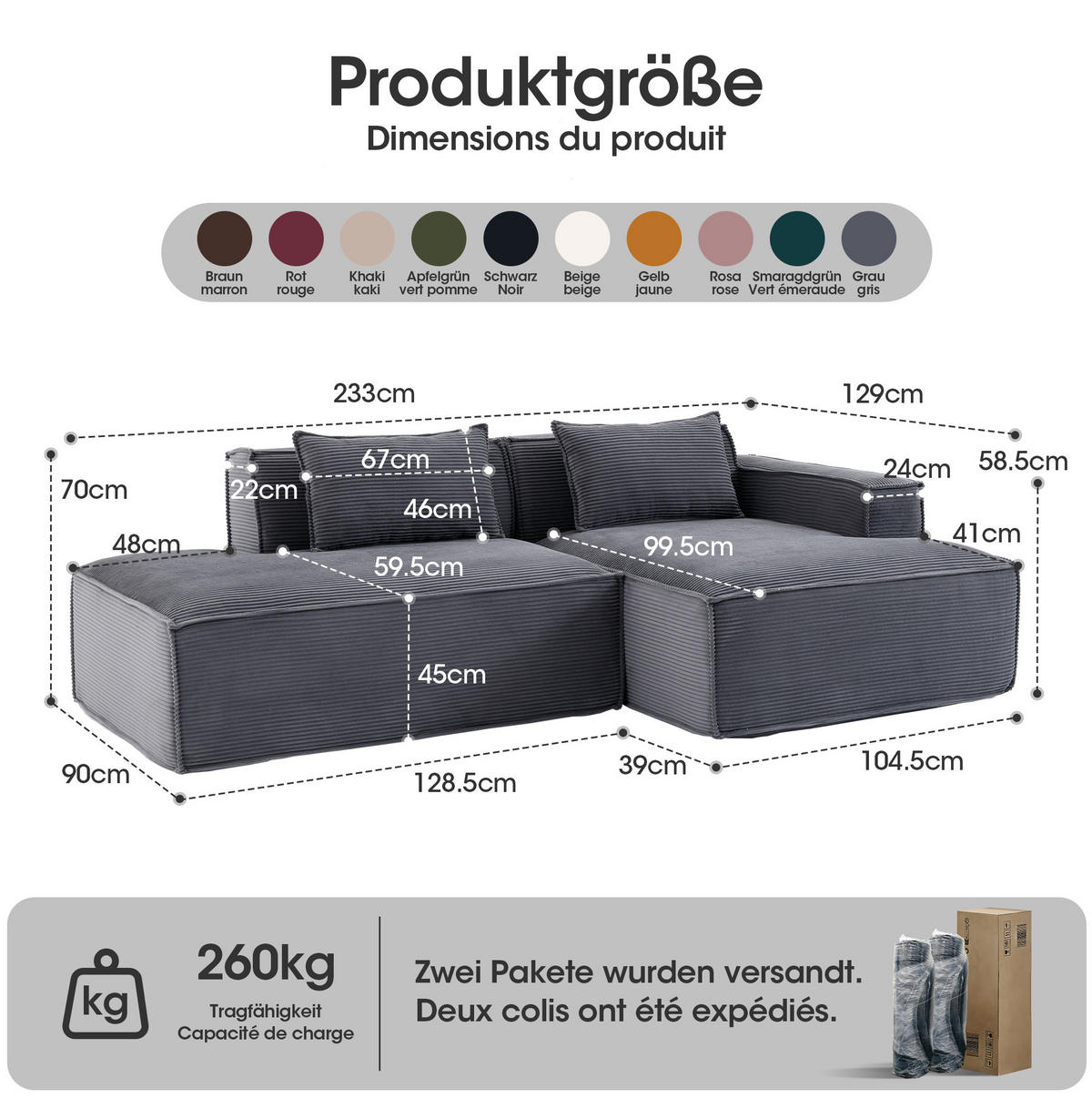 ECKSOFA aus Polyester 235 cm Grau mit Federkern und hochdichter Polsterung, kompakt und pflegeleicht - Grau, Textil (235/129cm) - Modfu
