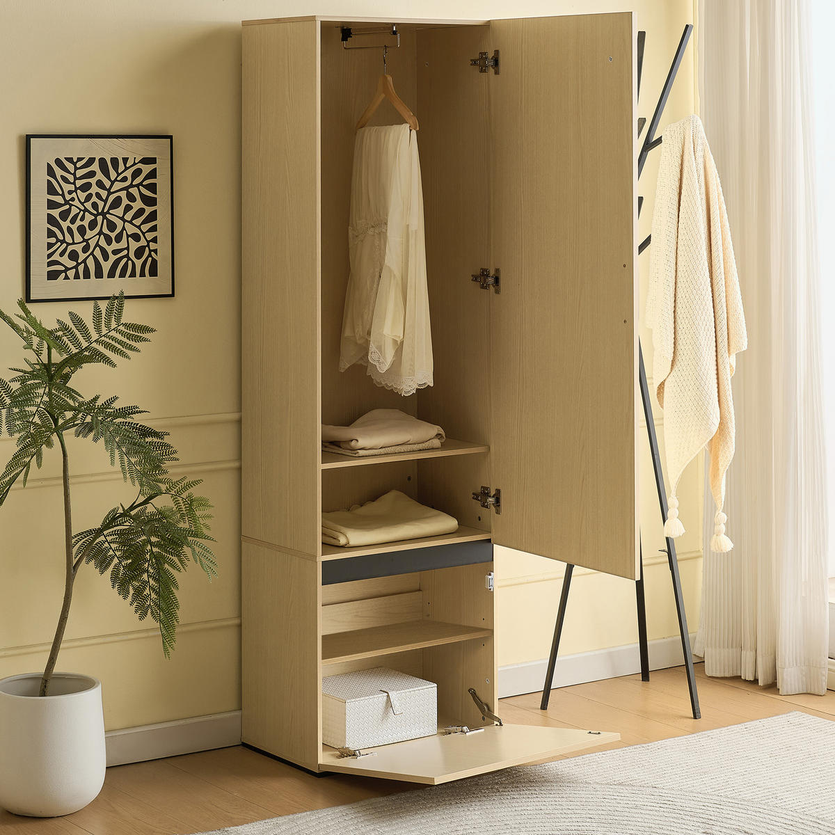 GARDEROBENSCHRANK Spiegel Kleiderstange Schmal Flurschrank - Naturfarben, Holzwerkstoff (54/179.5/34.5cm) - FLIEKS