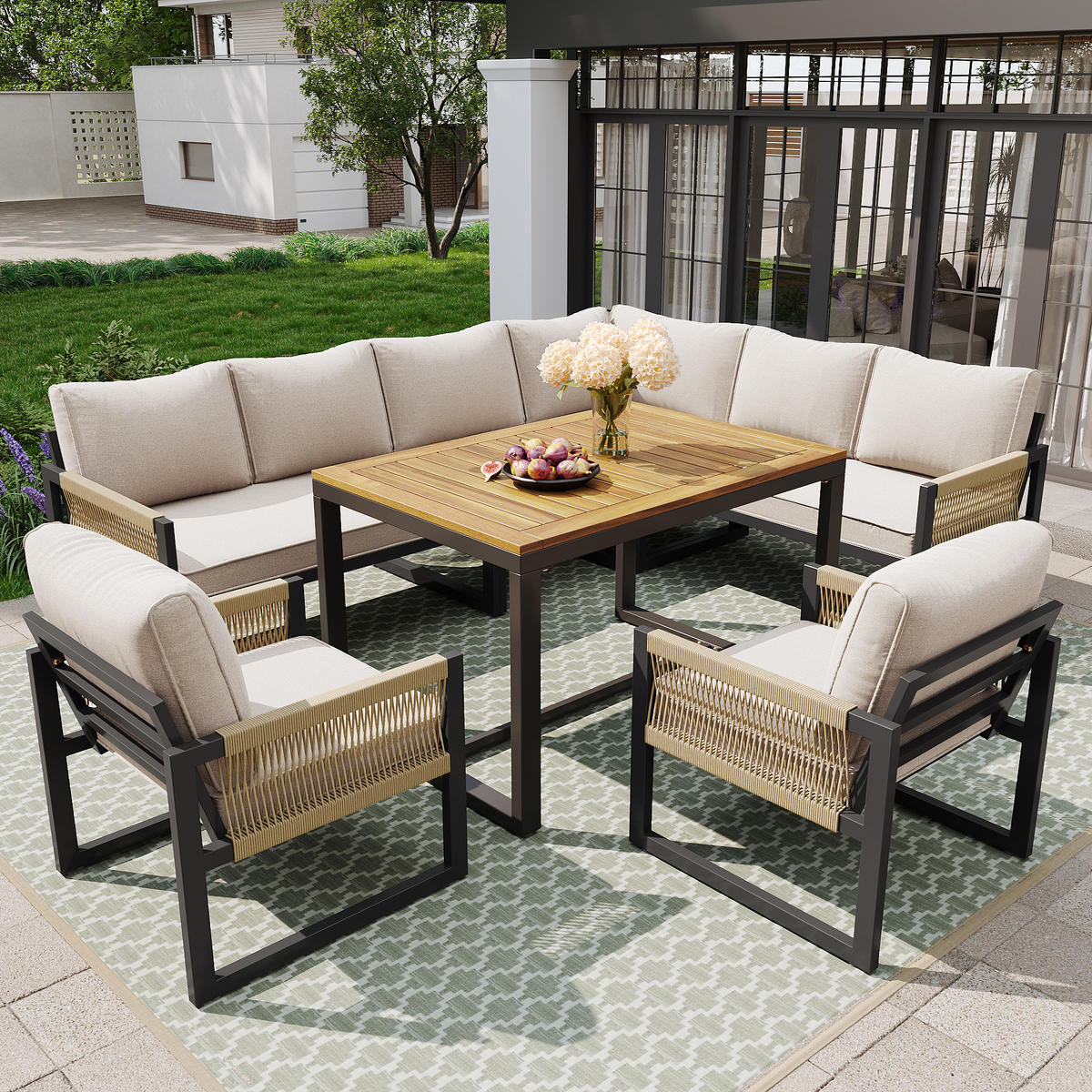 GARTENLOUNGE-SET 7-8-Sitzer Garten-Loungesessel-Set Outdoor Gartenmöbel mit Couchtisch - Beige/Schwarz, Holzwerkstoff/Textil - STILVORA