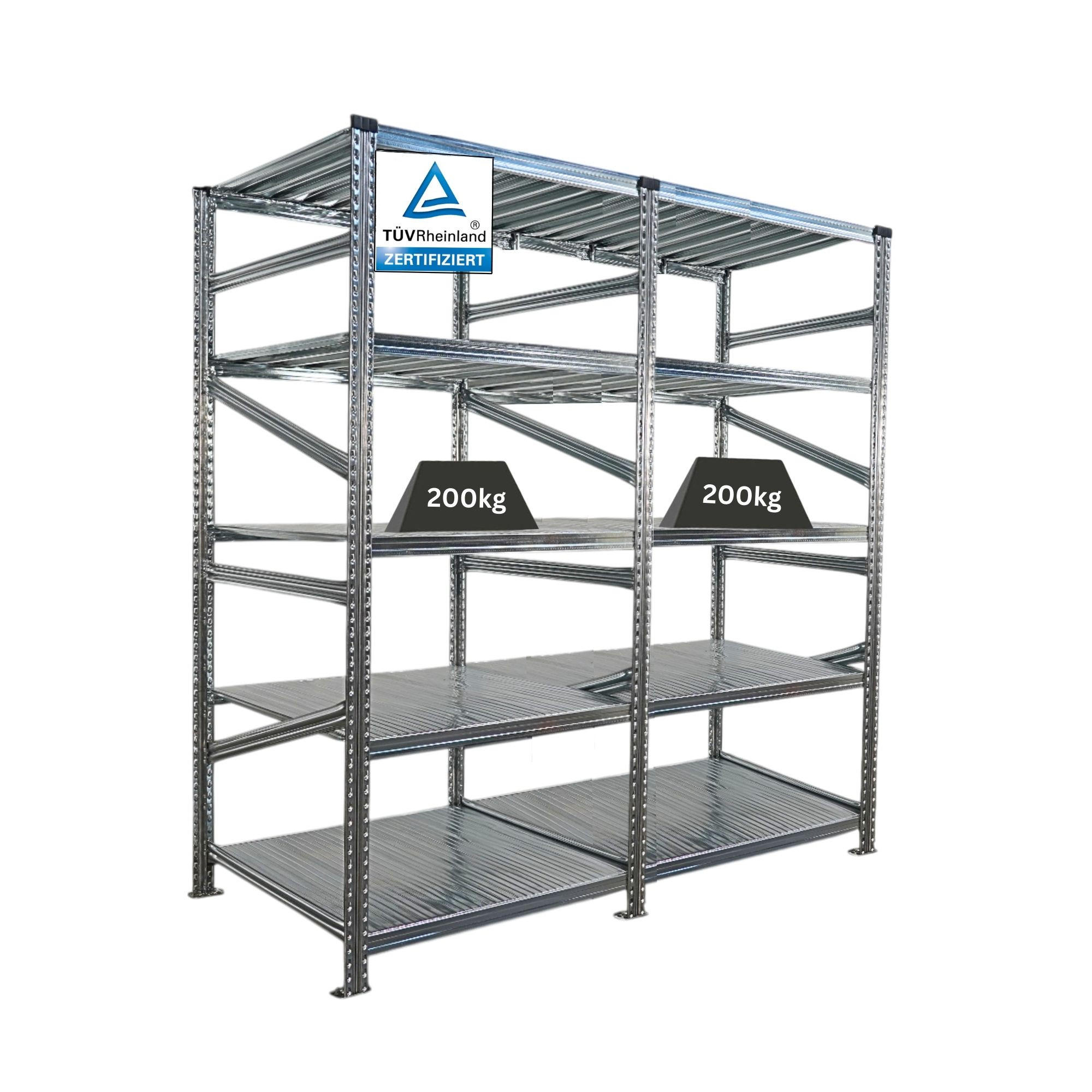 FACHBODENREGAL Proximo Stecksystem 200x180x80cm 5 Ebenen Fachlast 200 kg Beidseitig nutzbar Verzinkt - Silberfarben, Metall (180/200/80cm) - PROREGAL