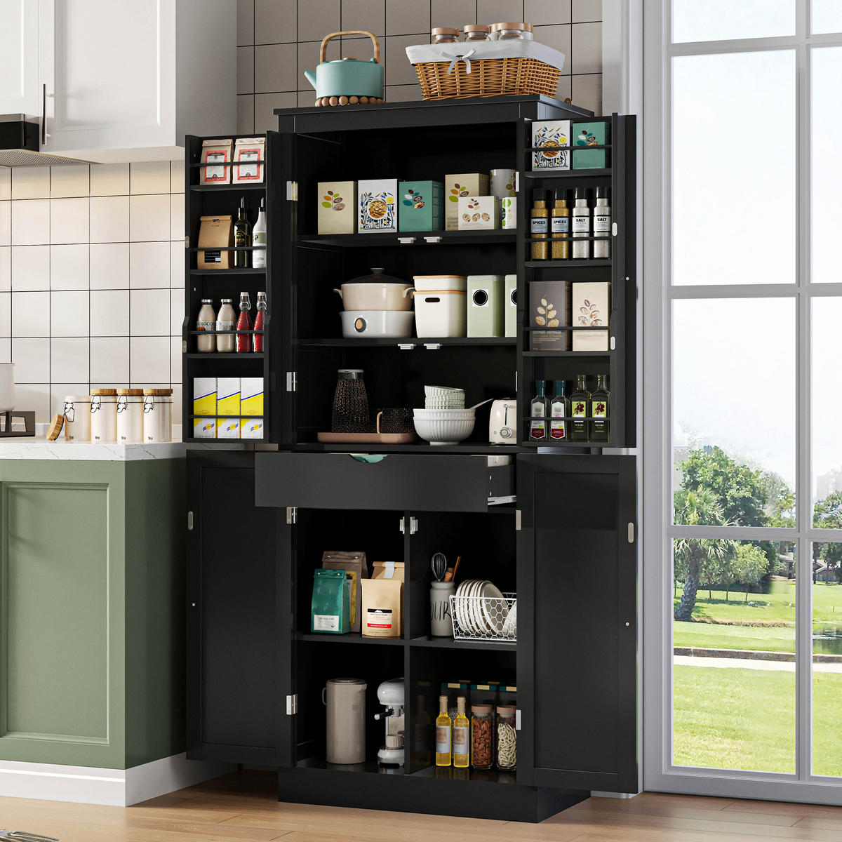 GESCHIRRSCHRANK 75/40/180 cm Schwarz mit 2 Regaltüren, Staufächern und innenliegender Schublade - Schwarz, Holz (75/180/40cm) - Oxeza