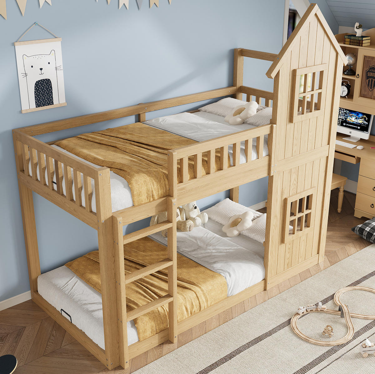 ETAGENBETT 90x200 cm in Natur mit Hausdesign, Treppe und Rundum-Schutz - Naturfarben, Holz (90/200cm) - IVMEU