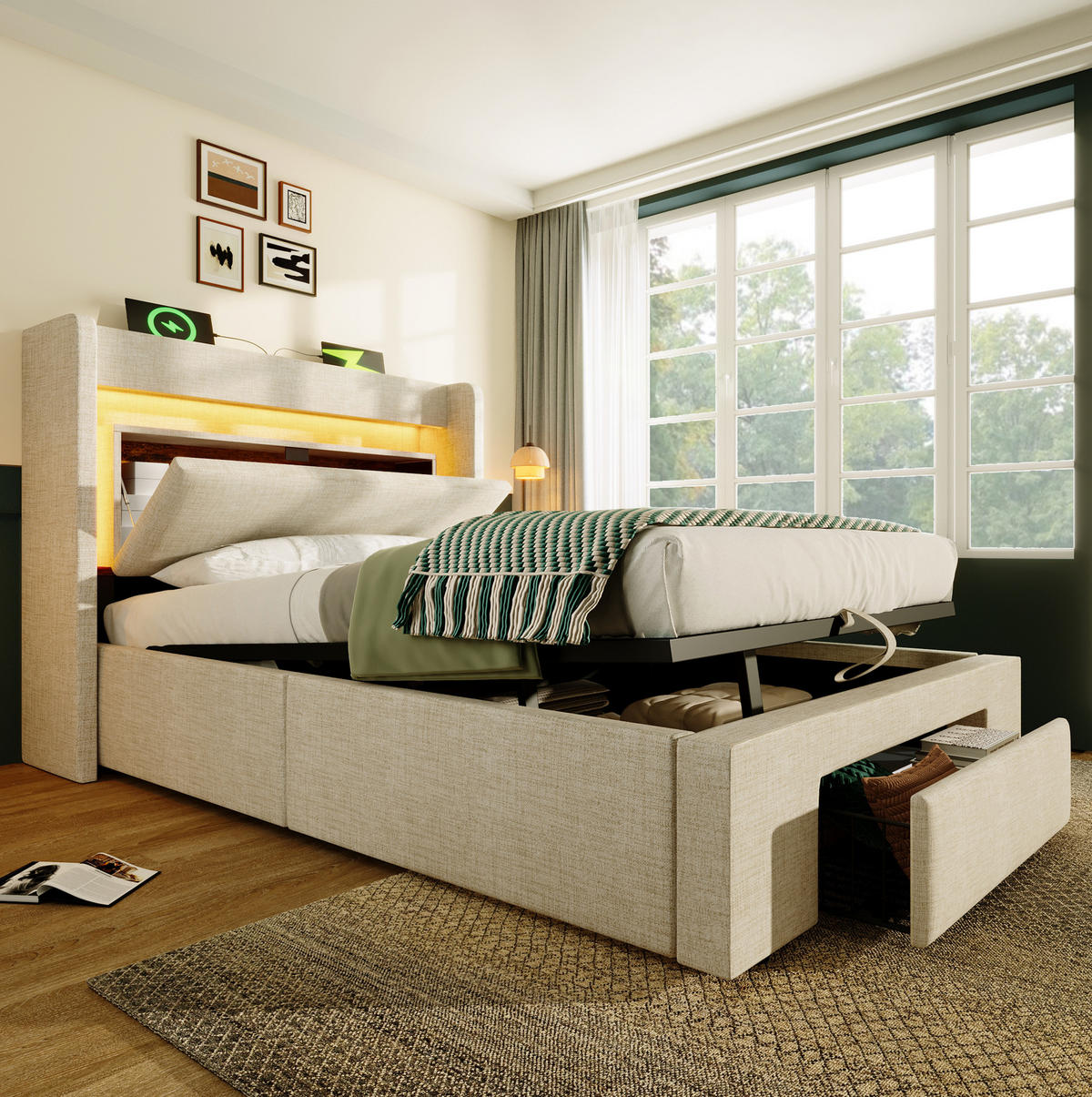 POLSTERBETT mit Stauraum 90x200 cm Leinen Beige mit LED - Beige, Metall (90/200cm) - Meubliv