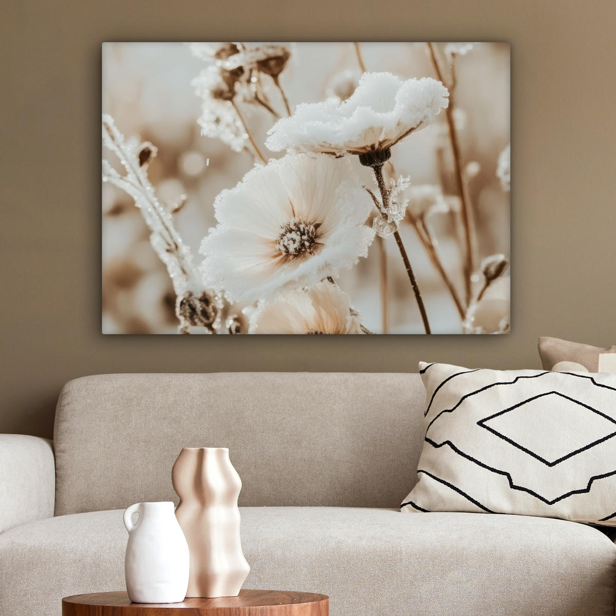 LEINWANDBILD Blumen - Winter - Weiß - Schnee - Beige Wandbilder 80x60 cm - Creme, Textil (80/60cm) - MuchoWow