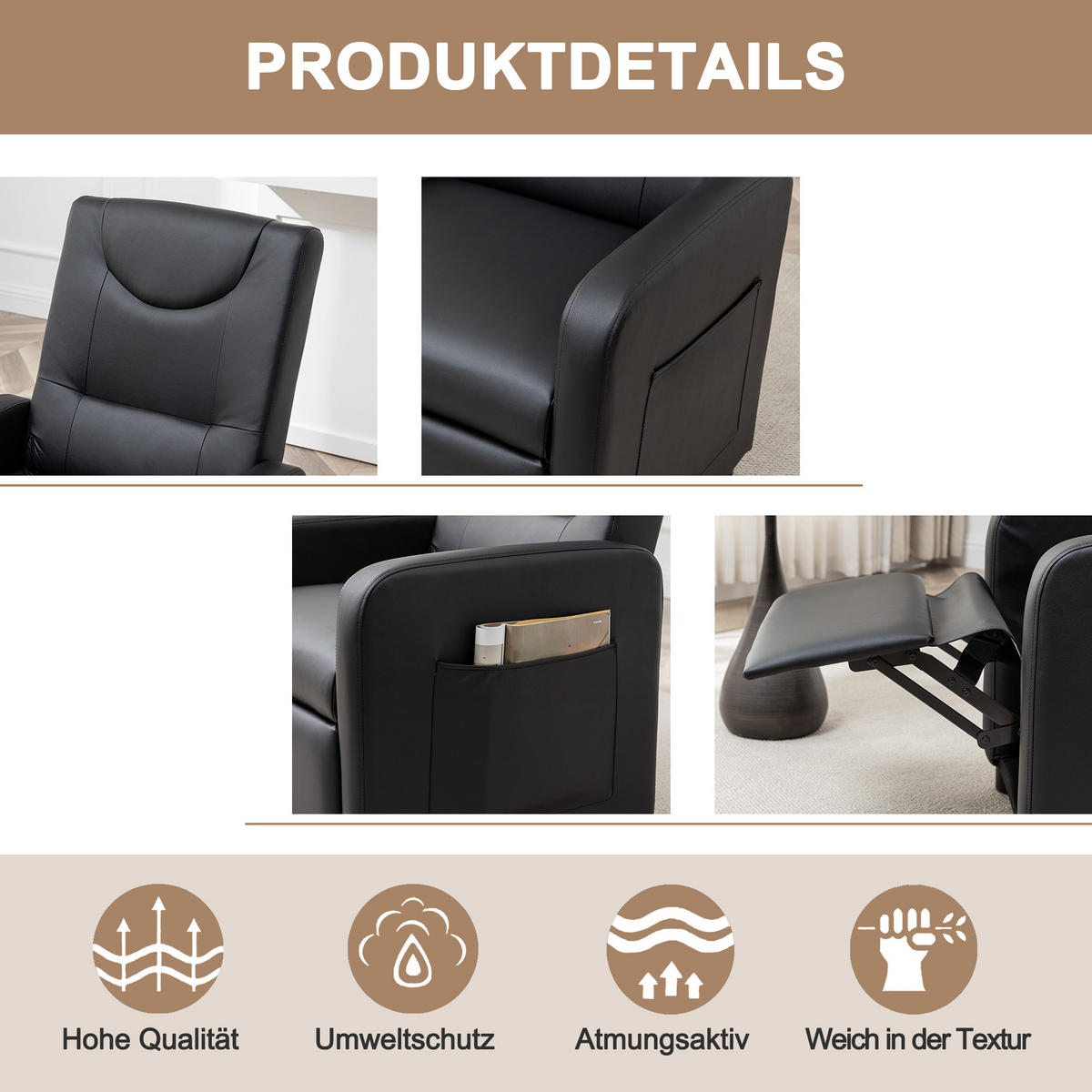 RELAXSESSEL PU mit verstellbarer Rückenlehne, klappbarer Fußstütze 76,5/67,5/95,5 cm Schwarz - Schwarz, Kunststoff (67.5/95.5/76.5cm) - Redom