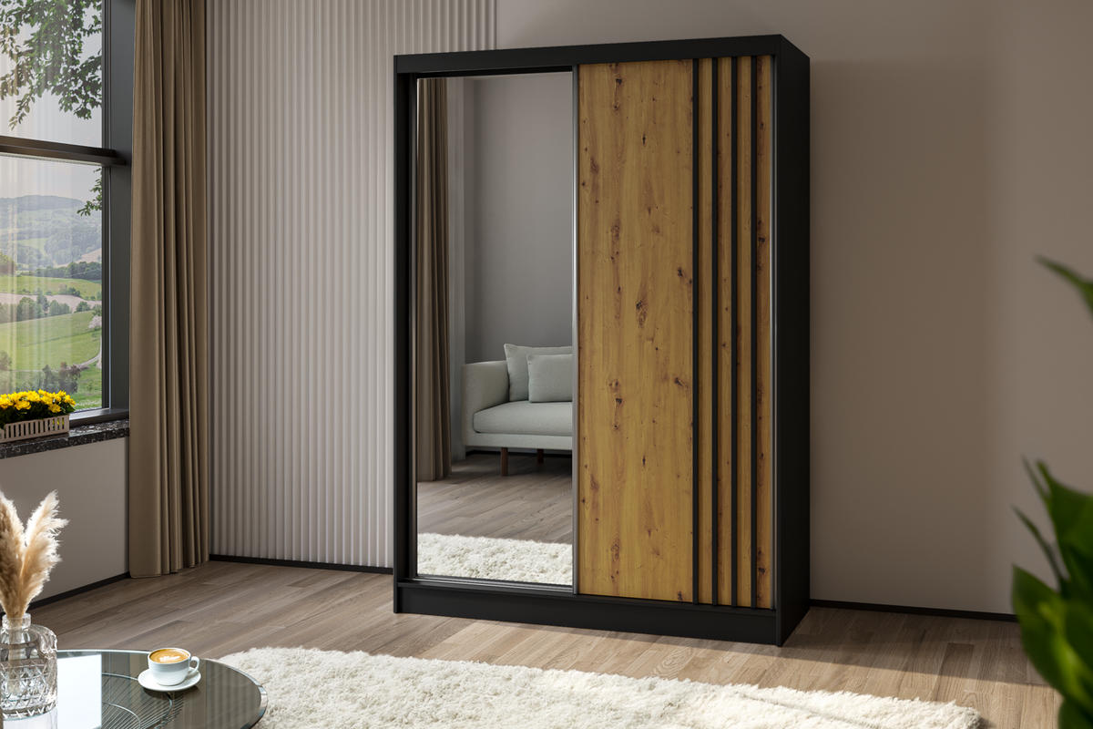 SCHWEBETÜRENSCHRANK Neli 150 cm mit Lamellen und Spiegel 2-türig, schwarz, Artisan, Lamelle schwarz - Schwarz/Braun, Kunststoff (150/216/61cm) - Margaret Hadas24
