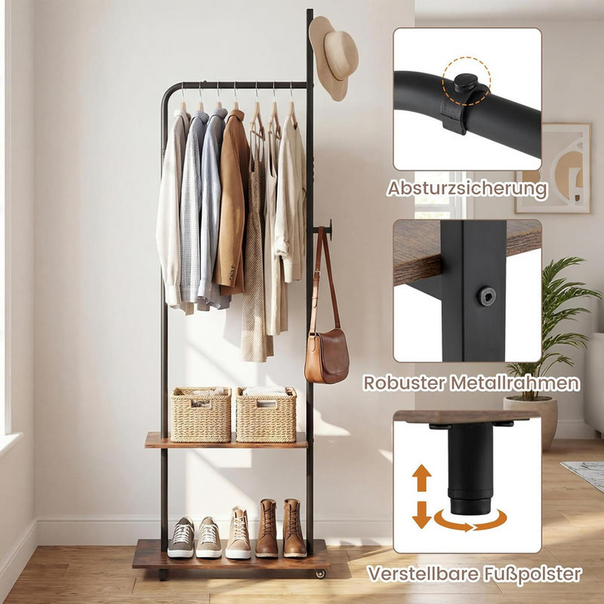 KLEIDERSTÄNDER auf Rollen braun - Braun, Metall (60/175/30cm) - COSTWAY