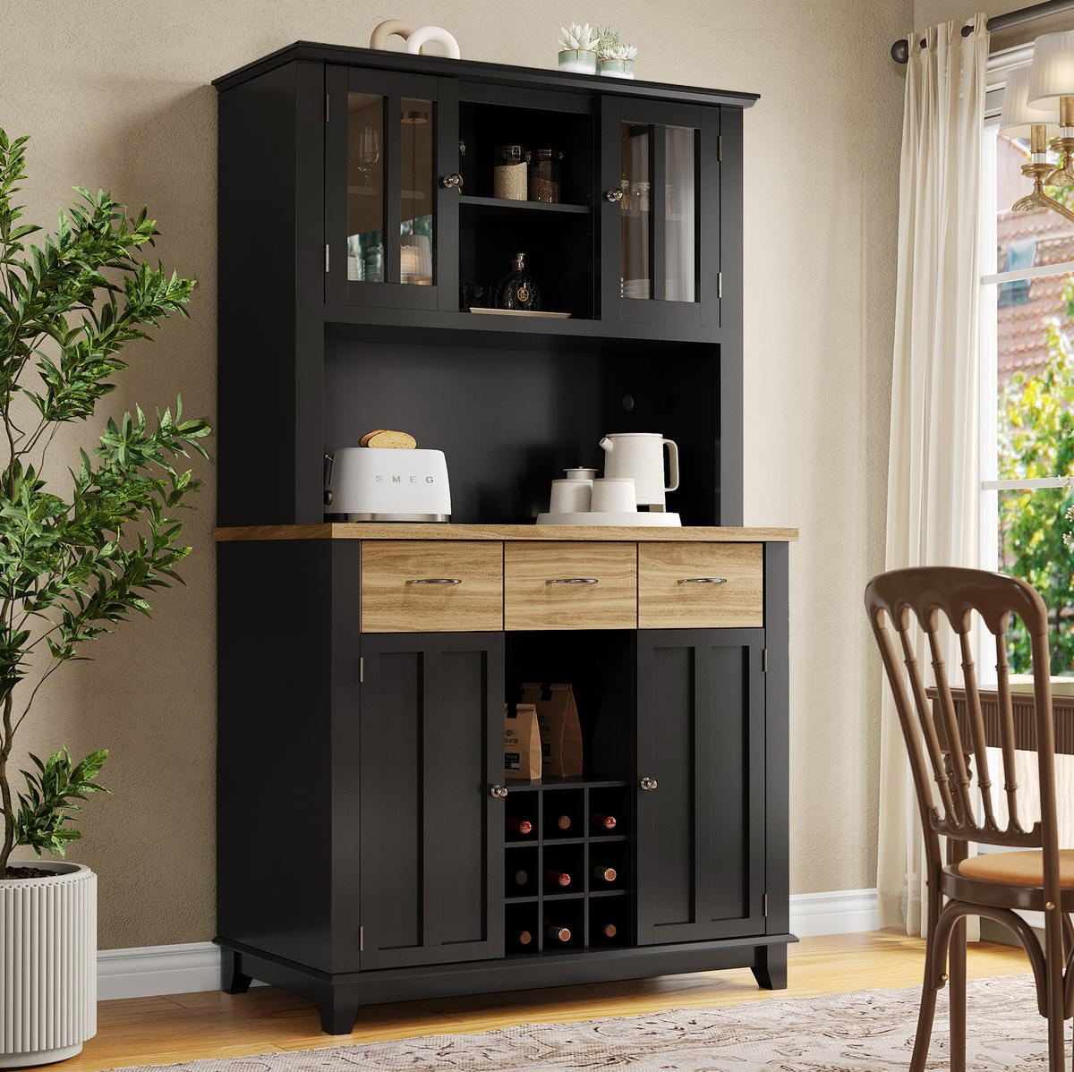 BUFFET aus MDF 106x40x179,5 cm Schwarz mit LED-Beleuchtung, Weinregal und Kippschutz - Schwarz, Holzwerkstoff (106/179.5/40cm) - Modfu