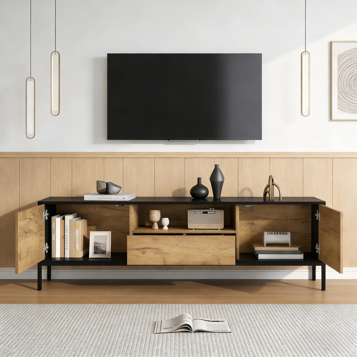 TV-LOWBOARD 170x35x50 cm 2 Schränke 1 Schublade Stauraum - Eichefarben, Holzwerkstoff (35/50/170cm) - FLIEKS