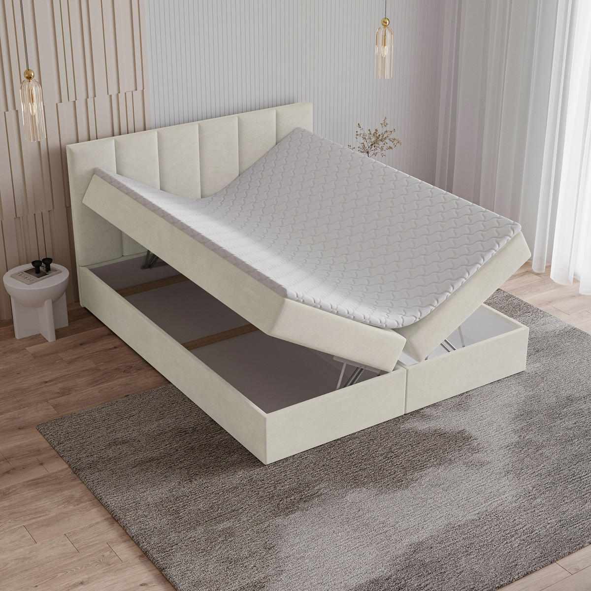 BOXBETT MERIL 160x200 cm mit Matratze und Topper - Creme - Creme, Holz (160/200cm) - MASSENO