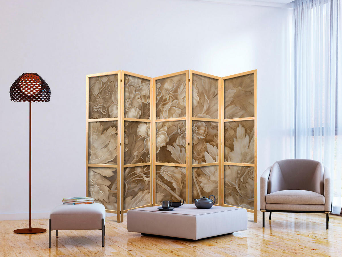 PARAVENT Japanischer 5-tlg 225x172 cm Retro Pflanzen - Braun, Holz/Textil (225/172/3cm) - Muralo