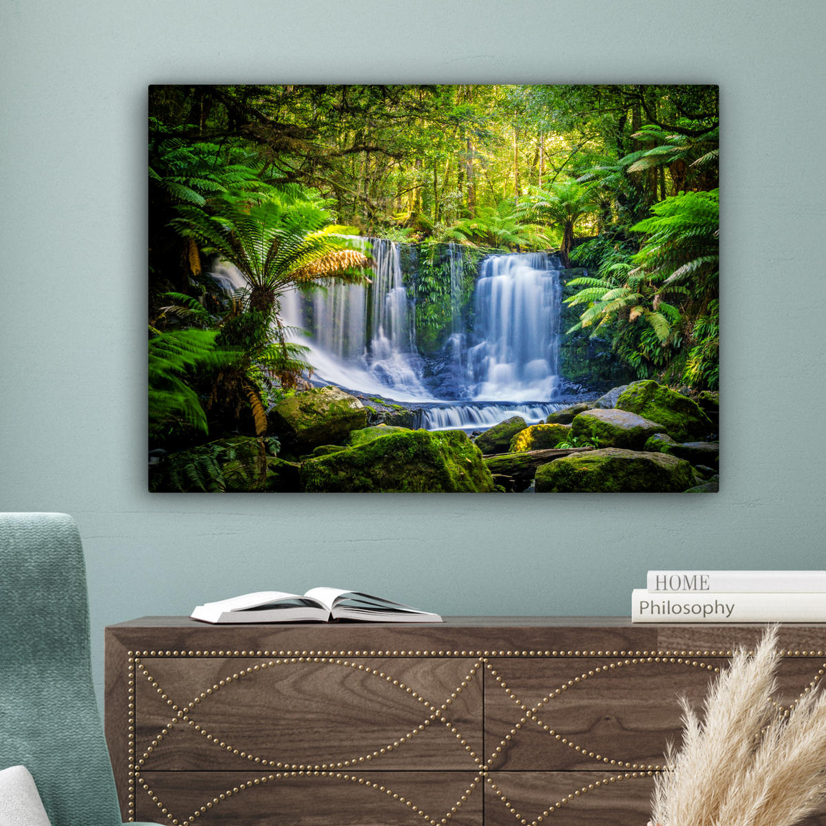 LEINWANDBILD Dschungel - Wasserfall - Australien - Pflanzen - Natur Wandbilder 80x60 cm - Dunkelgrün, Textil (80/60cm) - MuchoWow