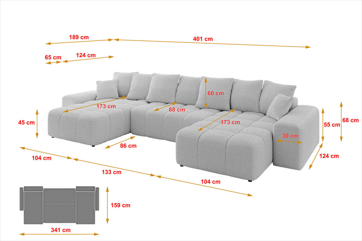WOHNLANDSCHAFT ENIL-U 401x189x68 Hellgrau Bouclé - Hellgrau, Holzwerkstoff/Kunststoff (401/68/189cm) - ALTDECOR