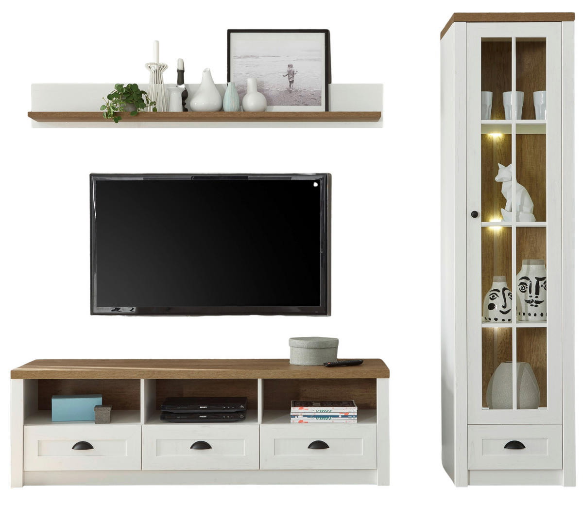 WOHNWAND weiß Pinie, Eiche hell Landhaus, Wohnkombination 3-teilig 230 x 198 cm - Eichefarben/Schwarz, Holzwerkstoff/Metall (230/198/43cm) - Furn.Design