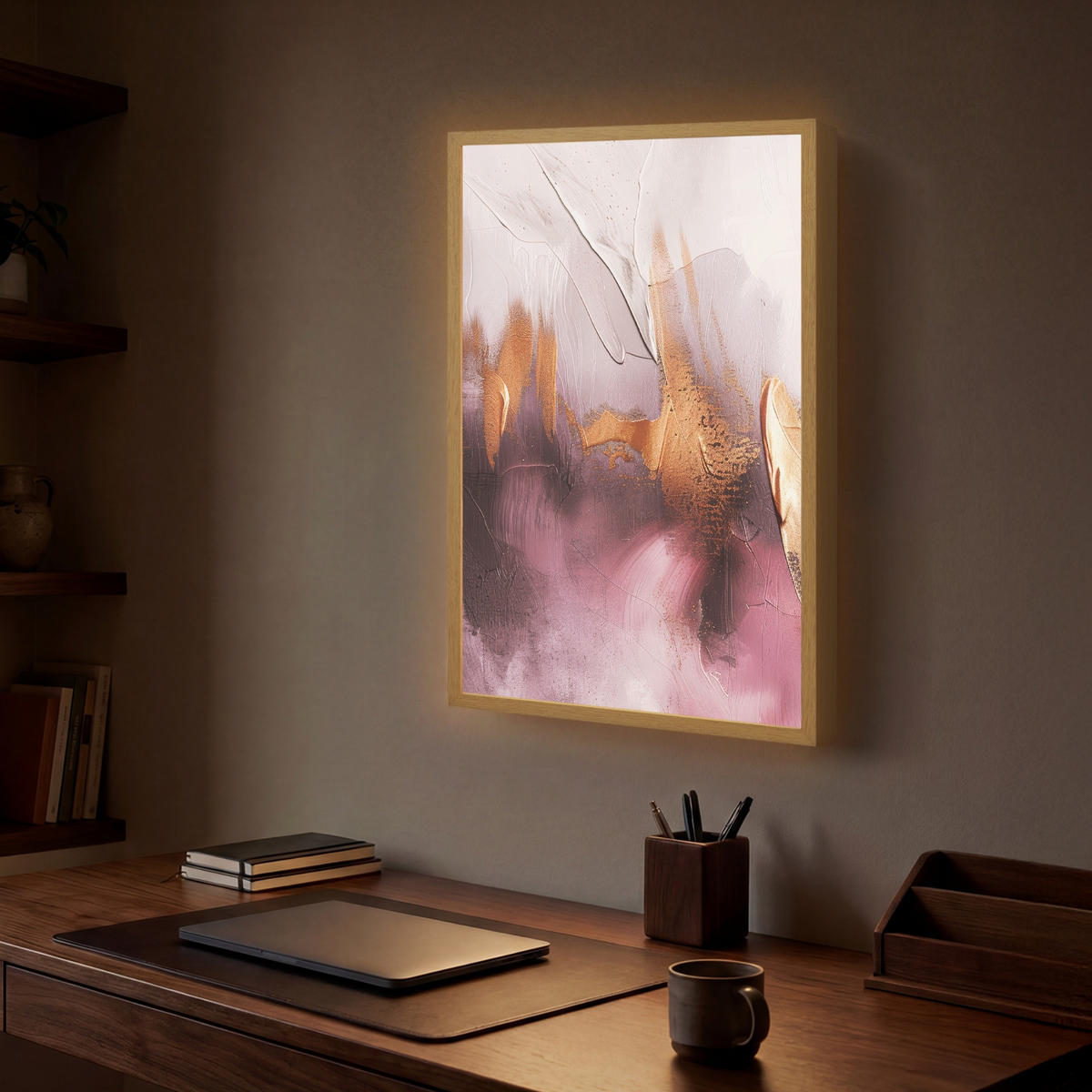 NÁSTĚNNÁ LAMPA S AKUMULÁTOREM Fialová - abstraktní - barva - zlatá 40x60 cm - světle fialová, kompozitní dřevo (40/60/8cm) - OnlyWow